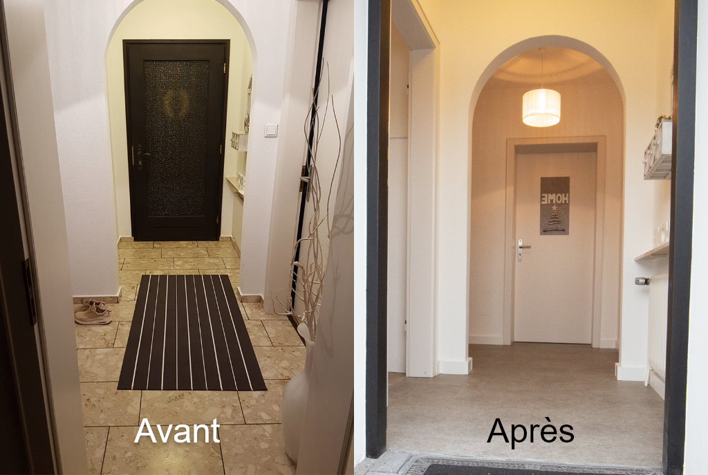 Sol en PVC sur carrelage - avant et après
